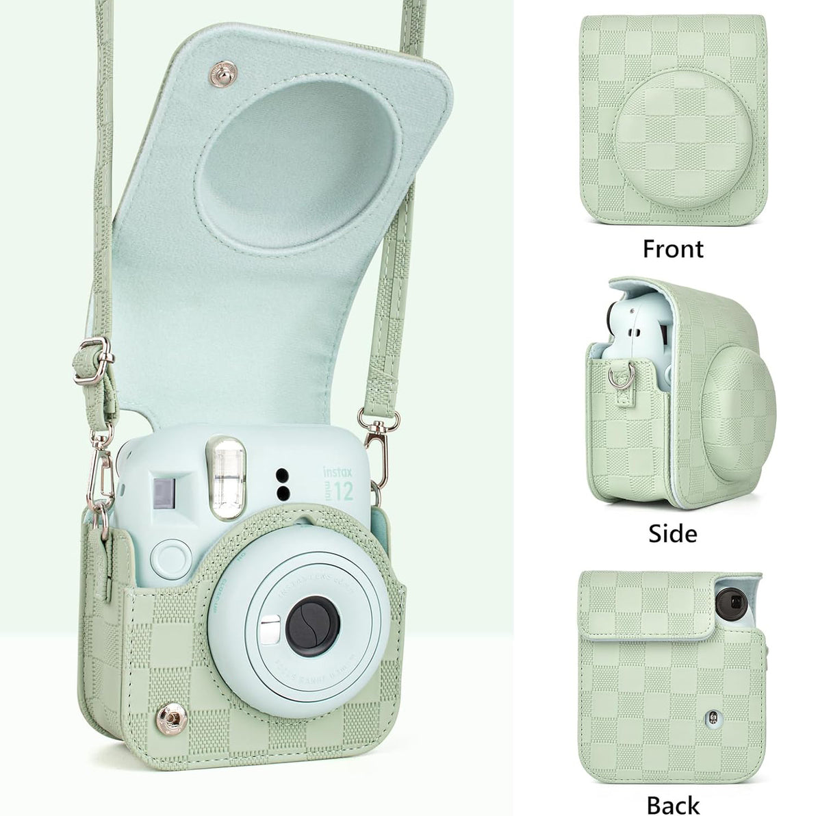 Zikkon Instax Mini 12 Protective Camera Case PU Leather Checkerboard Style Carrying Bag Green