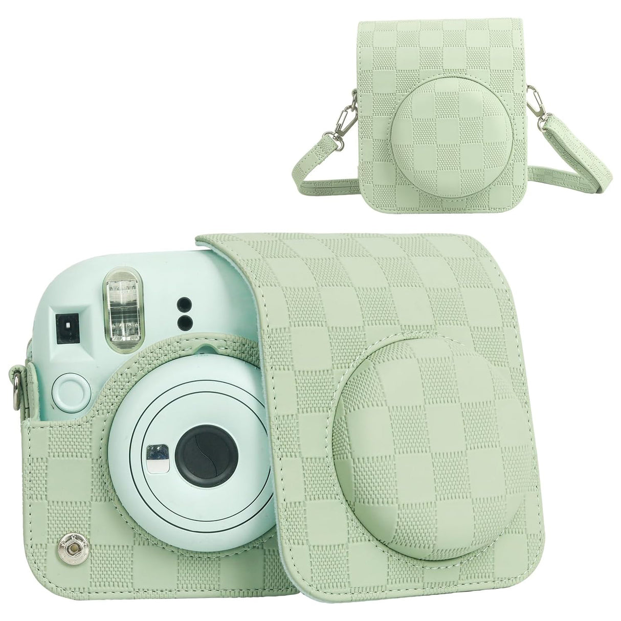 Zikkon Instax Mini 12 Protective Camera Case PU Leather Checkerboard Style Carrying Bag Green