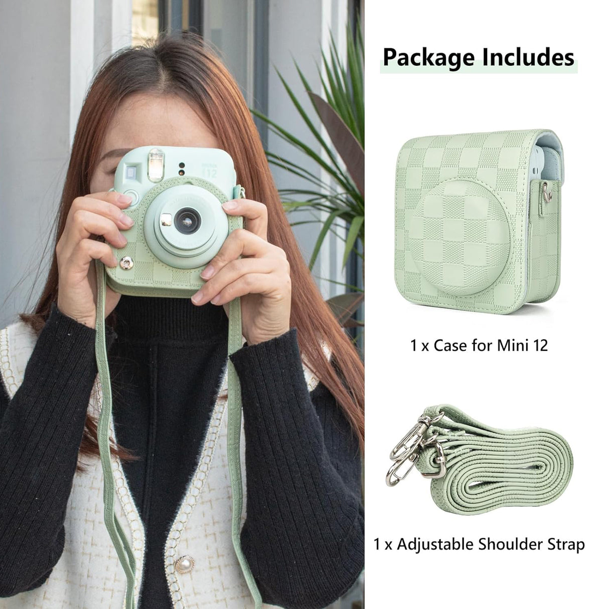 Zikkon Instax Mini 12 Protective Camera Case PU Leather Checkerboard Style Carrying Bag Green