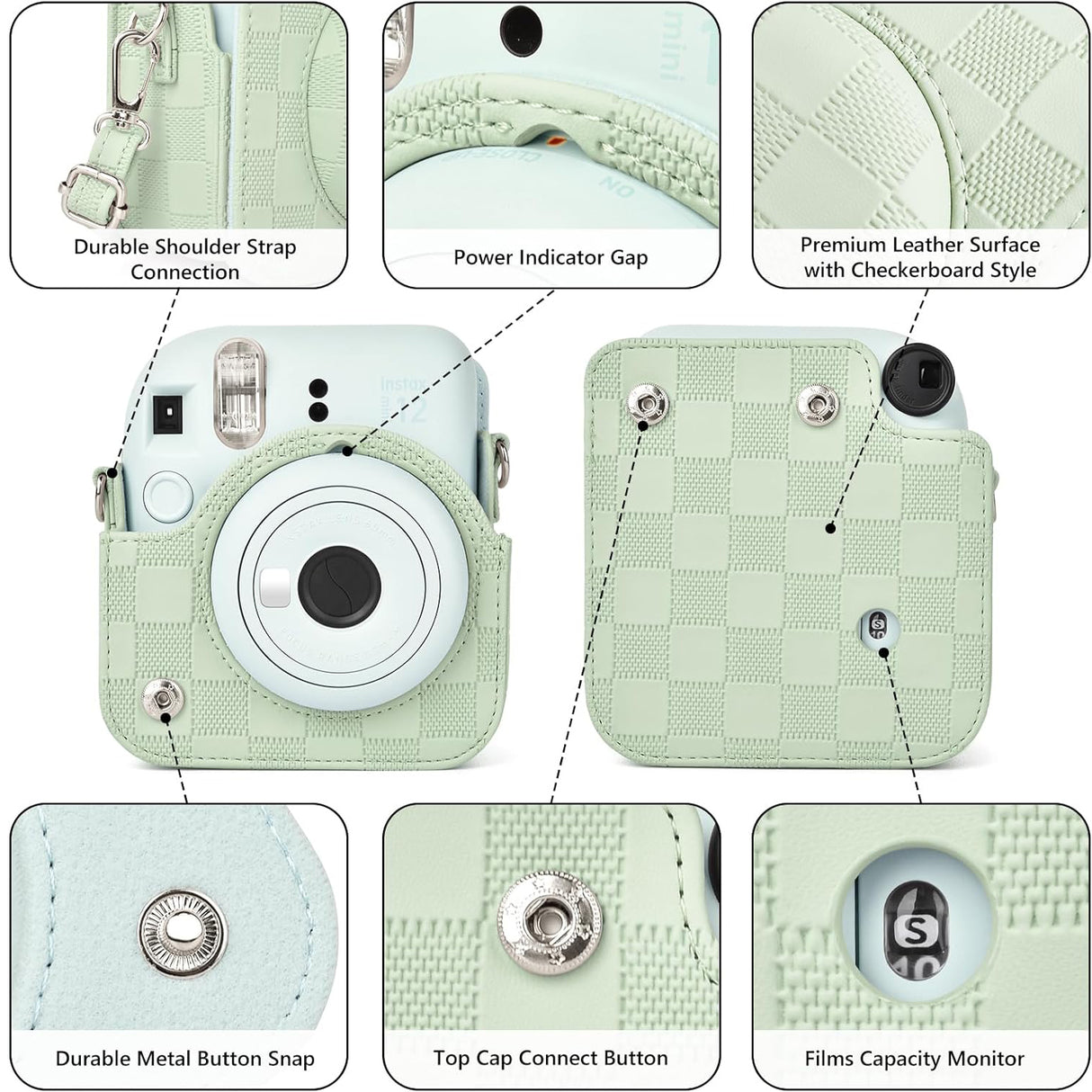 Zikkon Instax Mini 12 Protective Camera Case PU Leather Checkerboard Style Carrying Bag Green