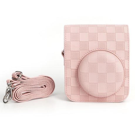 Zikkon Instax Mini 12 Protective Camera Case PU Leather Checkerboard Style Carrying Bag Pink