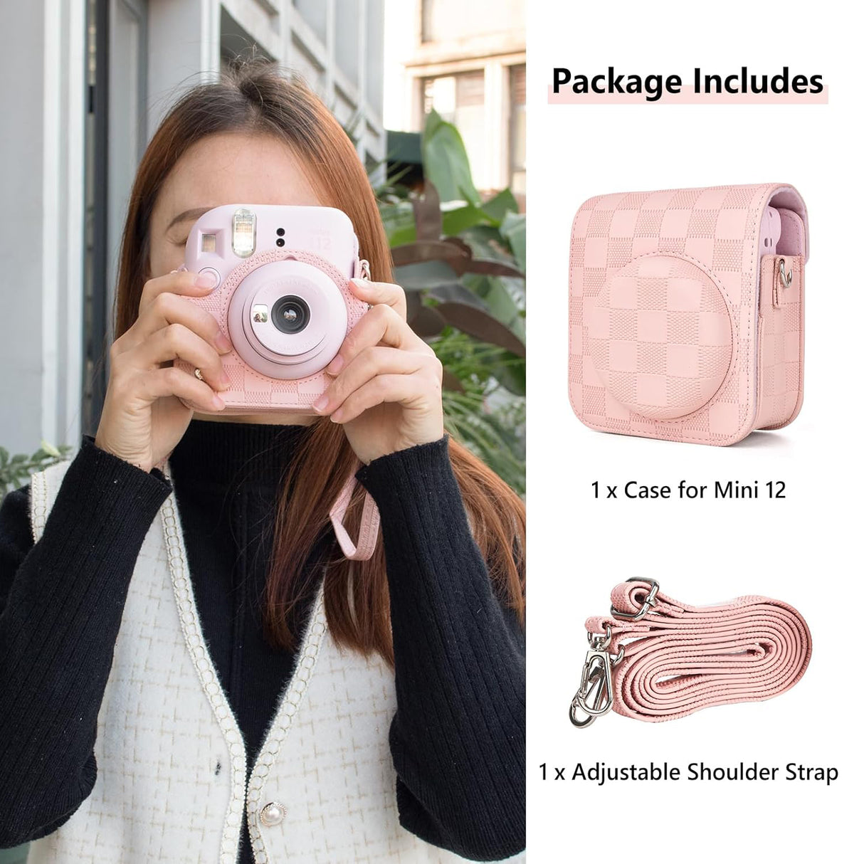 Zikkon Instax Mini 12 Protective Camera Case PU Leather Checkerboard Style Carrying Bag Pink