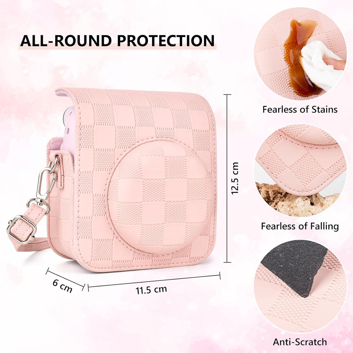 Zikkon Instax Mini 12 Protective Camera Case PU Leather Checkerboard Style Carrying Bag Pink