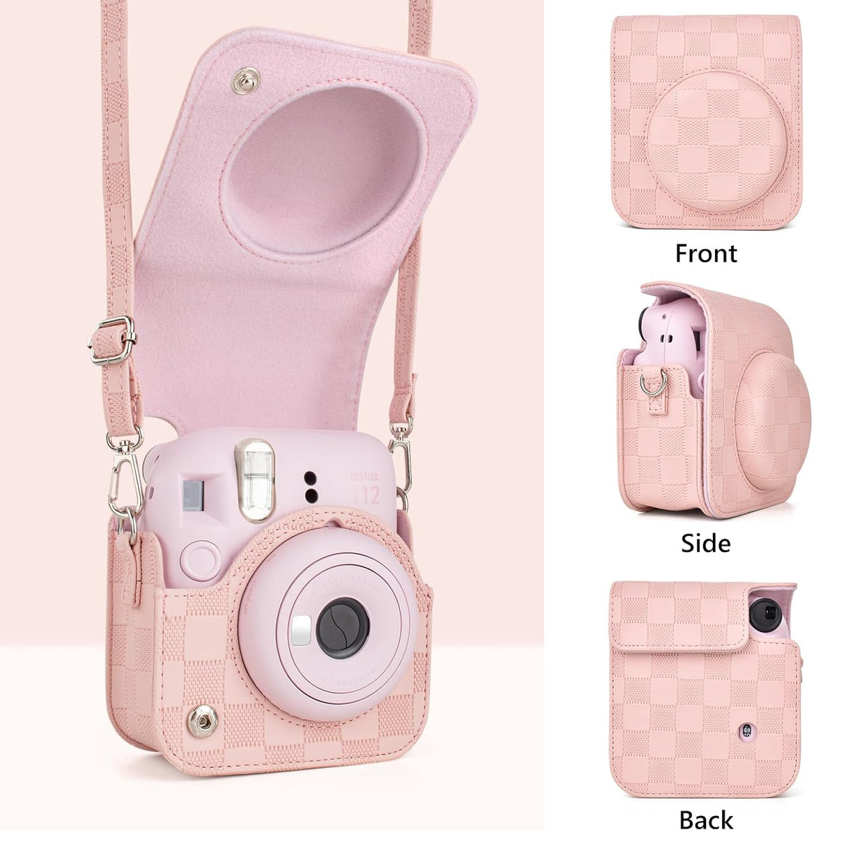 Zikkon Instax Mini 12 Protective Camera Case PU Leather Checkerboard Style Carrying Bag Pink