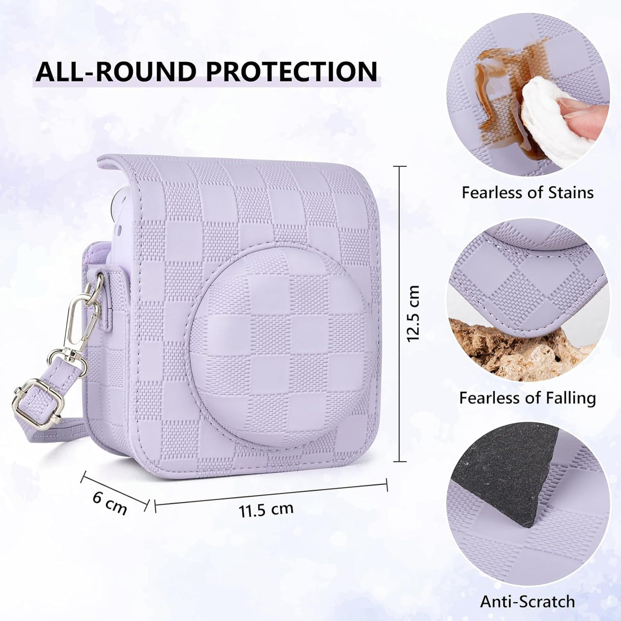 Zikkon Instax Mini 12 Protective Camera Case PU Leather Checkerboard Style Carrying Bag Purple