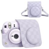 Zikkon Instax Mini 12 Protective Camera Case PU Leather Checkerboard Style Carrying Bag Purple