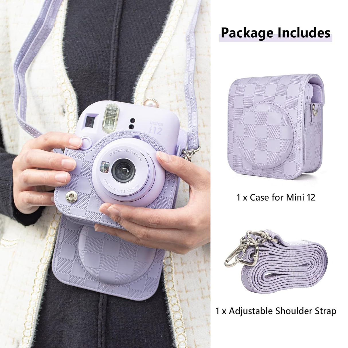 Zikkon Instax Mini 12 Protective Camera Case PU Leather Checkerboard Style Carrying Bag Purple