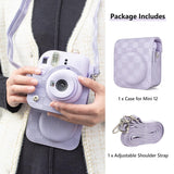 Zikkon Instax Mini 12 Protective Camera Case PU Leather Checkerboard Style Carrying Bag Purple