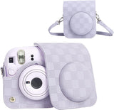 Zikkon Instax Mini 12 Protective Camera Case PU Leather Checkerboard Style Carrying Bag Purple