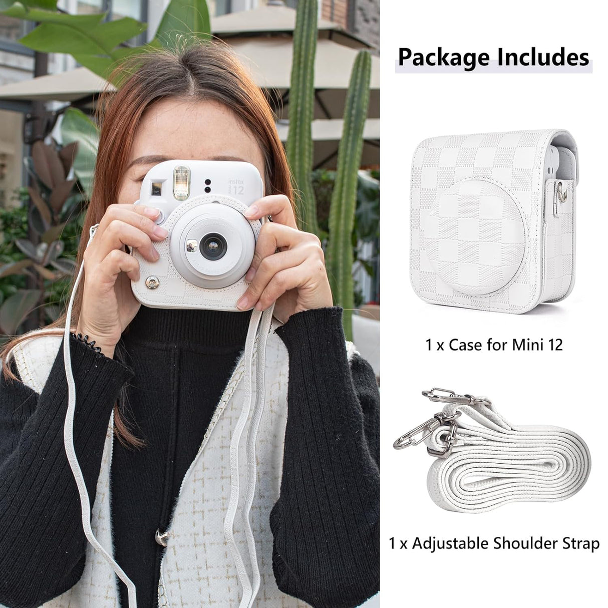 Zikkon Instax Mini 12 Protective Camera Case PU Leather Checkerboard Style Carrying Bag white