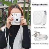 Zikkon Instax Mini 12 Protective Camera Case PU Leather Checkerboard Style Carrying Bag white