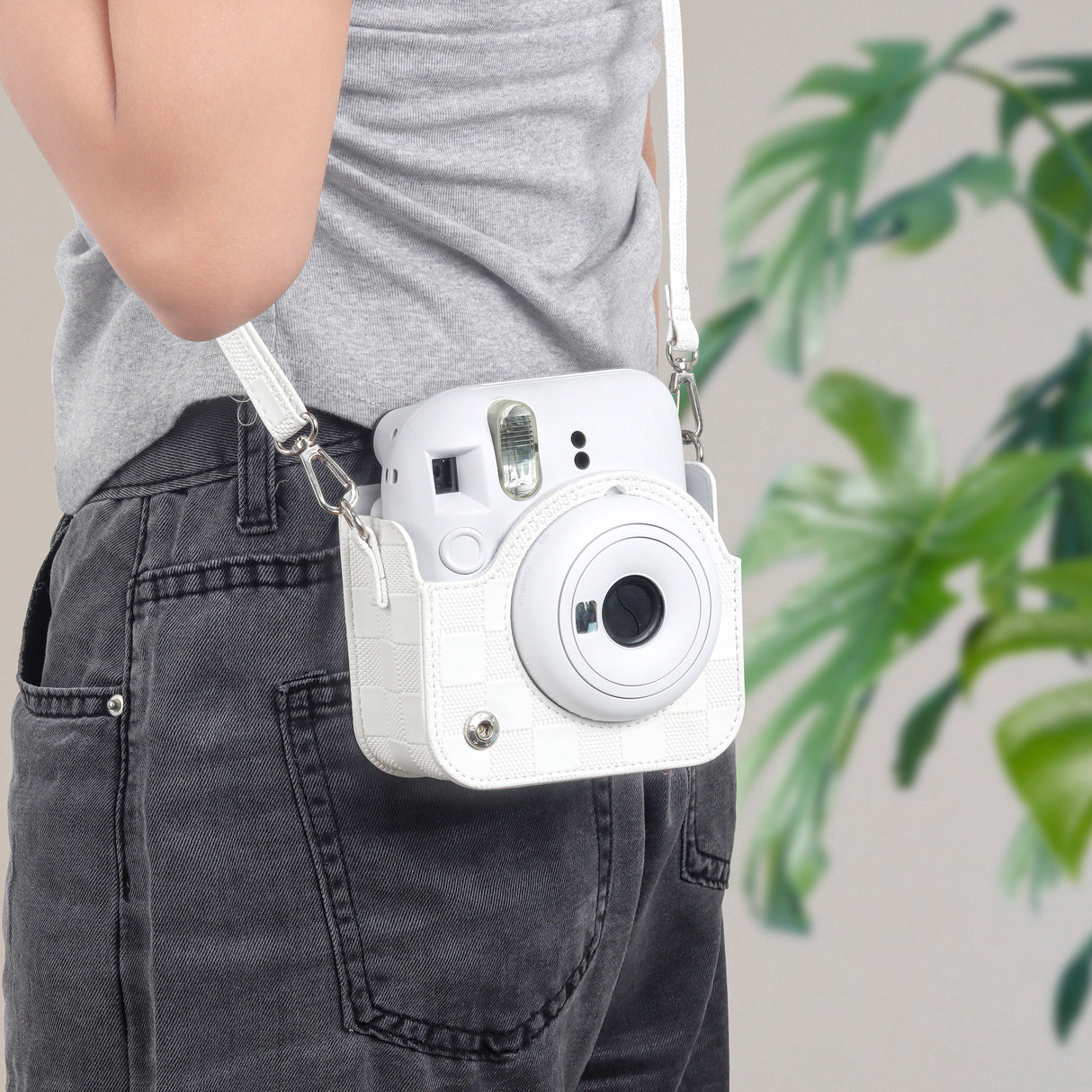 Zikkon Instax Mini 12 Protective Camera Case PU Leather Checkerboard Style Carrying Bag white