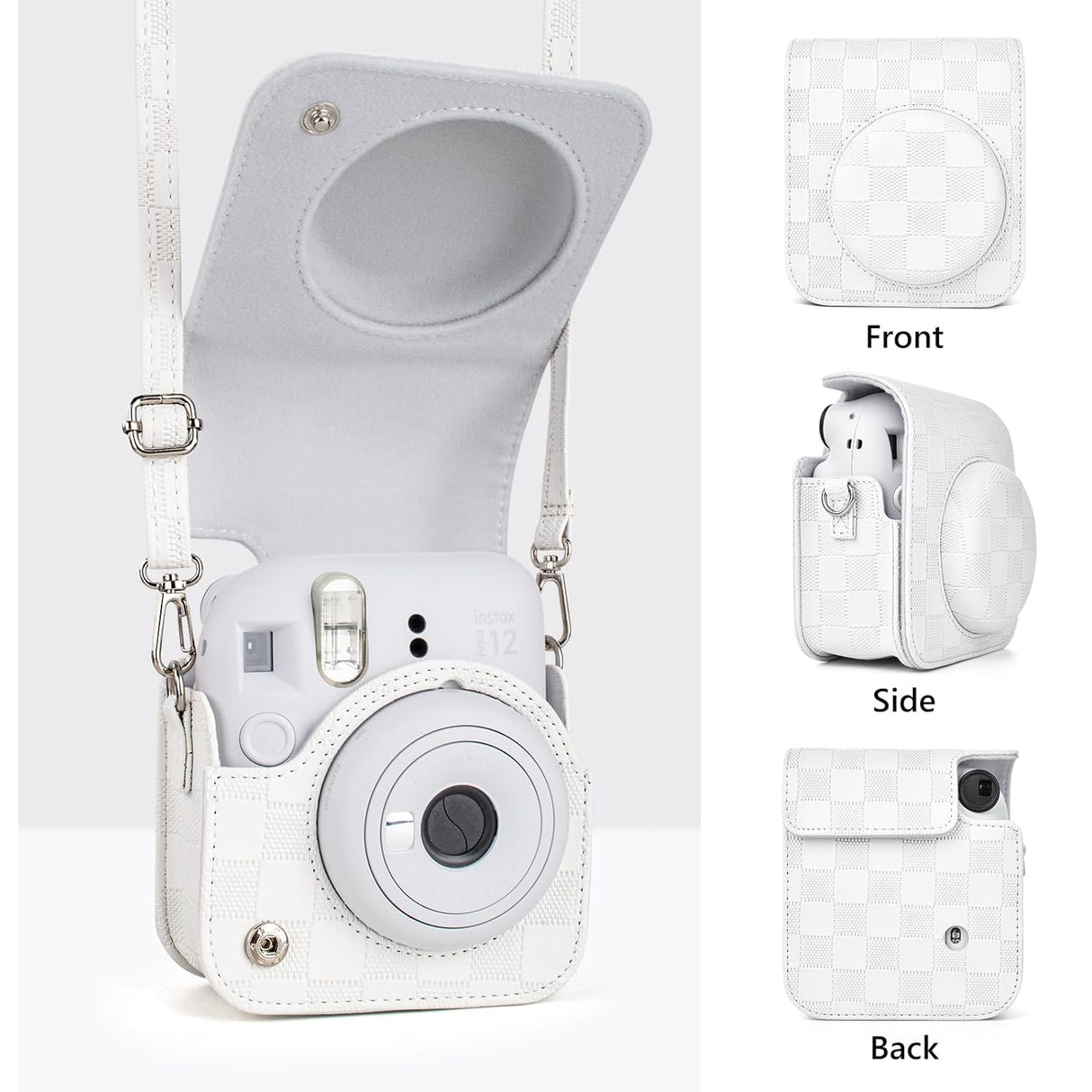 Zikkon Instax Mini 12 Protective Camera Case PU Leather Checkerboard Style Carrying Bag white