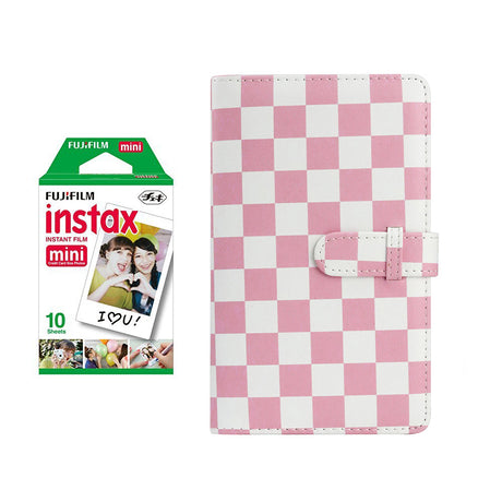 Fujifilm Instax Mini 10X1 Instant Film With 96-Sheets Album For Mini Film (3 inch) Pink Checkboard