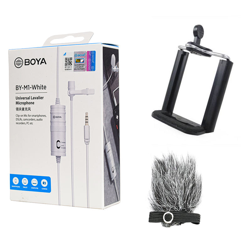 BOYA BY-M1 white with Fur-Lav and Mount1 Omnidirectional Lavalier Condenser Microphone