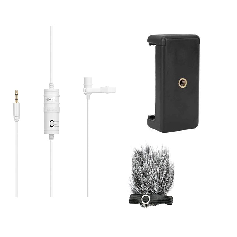 BOYA BY-M1 white with Fur-Lav and Mount2 Omnidirectional Lavalier Condenser Microphone