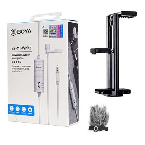 BOYA BY-M1 white with Fur-Lav and Mount4 Omnidirectional Lavalier Condenser Microphone