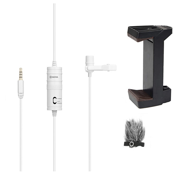 BOYA BY-M1 white with Fur-Lav and photron mount ph100 Omnidirectional Lavalier Condenser Microphone