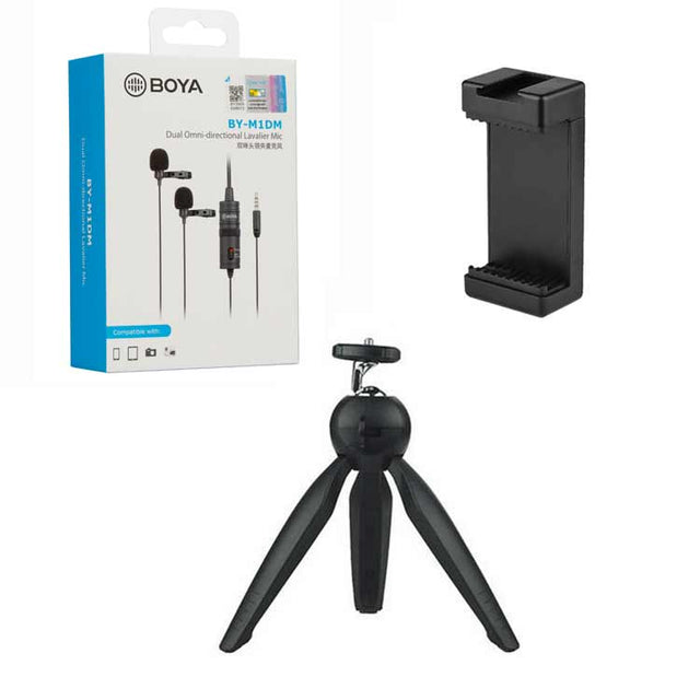 BOYA By-M1DM with Mini Tripod and Mount 3 Dual omni-directional Lavalier Microphone