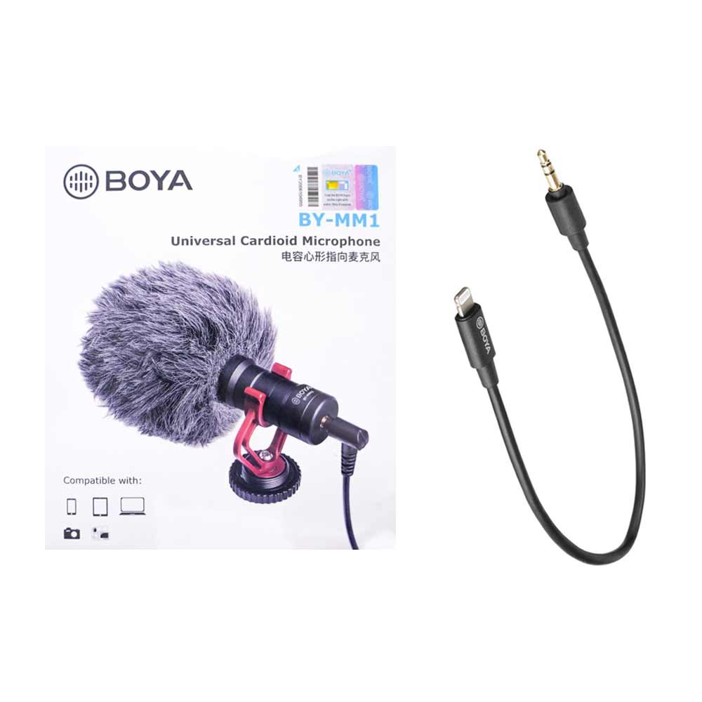 BOYA MM1 WITH BY-K1 3.5mm TRS to Lightning Adapter Cable compatible with iPhone 13 12 11 10 x 8 7 iOS Devices