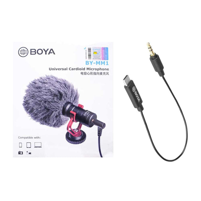 BOYA MM1 WITH BY-K2 3.5mm TRS Male to Type-C Male Adapter Cable (20cm) for Android and Other Type-C Devices