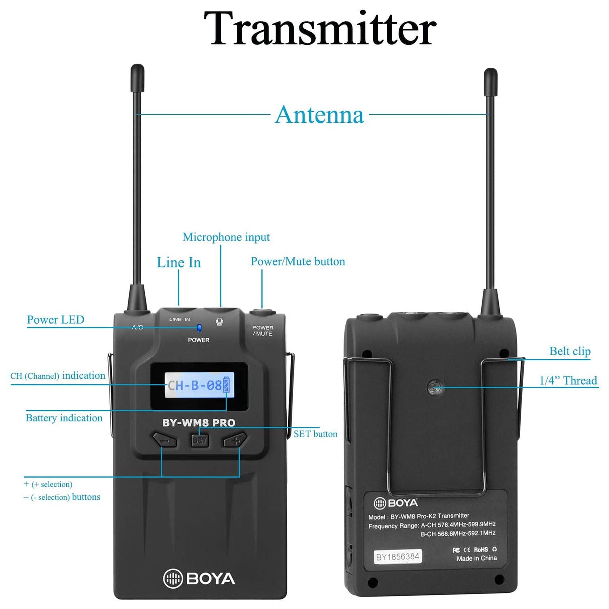 BOYA TX8 Pro Dual-Channel Wireless Bodypack Transmitter Unit with Omnidirectional Lavalier Mic for The by-WM8 PRO Wireless Lavalier Microphone System