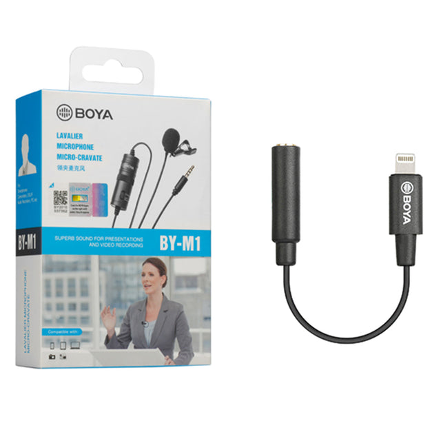 Boya BY-m1 with BY-K3 3.5mm Female TRRS to Male Lightning Adapter Cable compatible with iphone 13, 12, 11 and 10