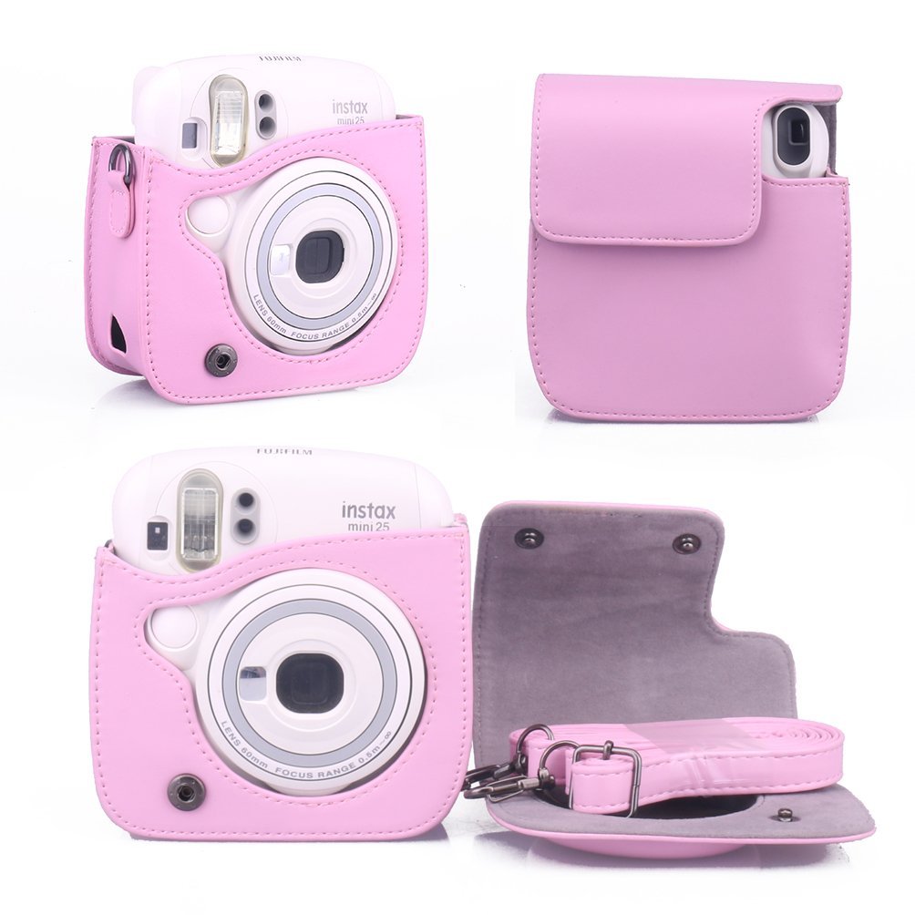 CAIUL PU Leather Instant Camera Case For Fujifilm Instax Mini 25 Instant Camera,Pink