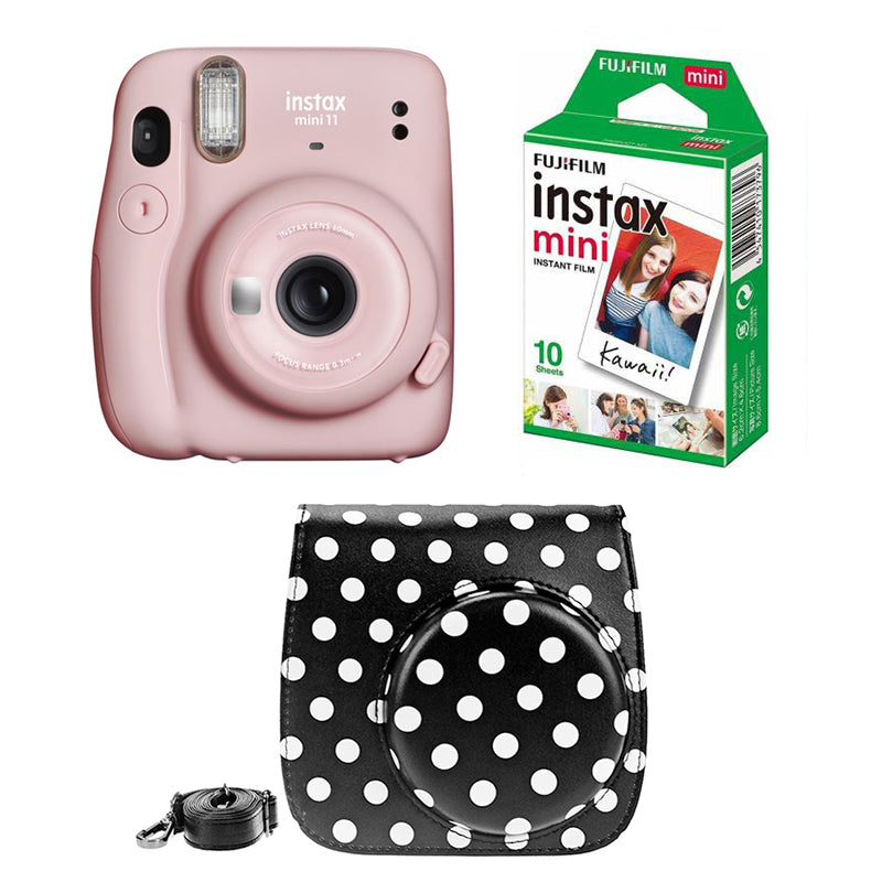 FUJIFILM INSTAX Mini 11 Instant Film Camera with 10X1 Pack of Instant Film With Dot Black Pouch Blush Pink