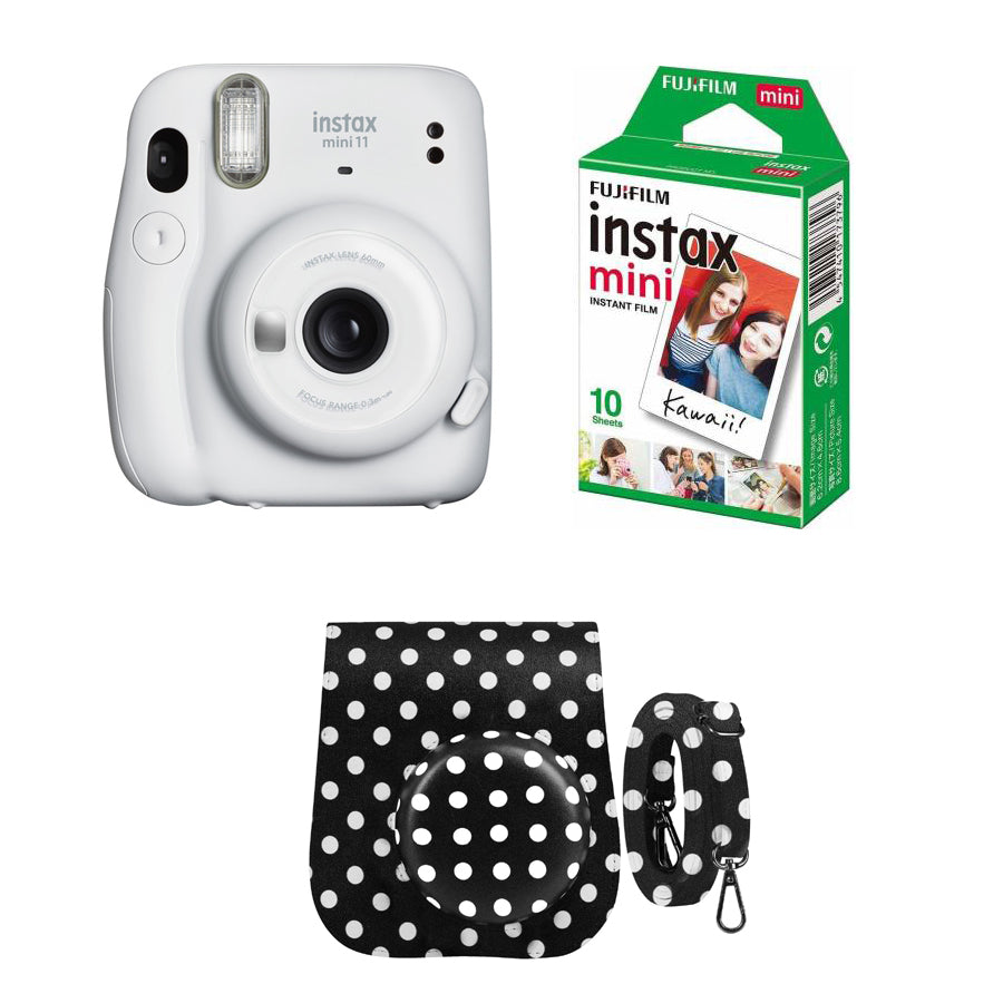 FUJIFILM INSTAX Mini 11 Instant Film Camera with 10X1 Pack of Instant Film With Dot Black Pouch Ice White