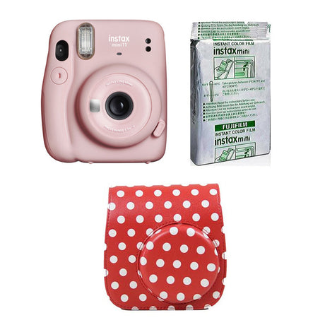 FUJIFILM INSTAX Mini 11 Instant Film Camera with 10X1 Pack of Instant Film With Dot Red Pouch Blush Pink