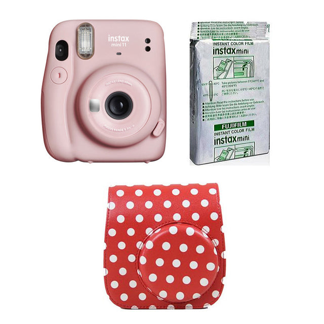 FUJIFILM INSTAX Mini 11 Instant Film Camera with 10X1 Pack of Instant Film With Dot Red Pouch Blush Pink