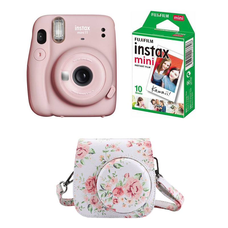 FUJIFILM INSTAX Mini 11 Instant Film Camera with 10X1 Pack of Instant Film With Floral Pouch Blush Pink