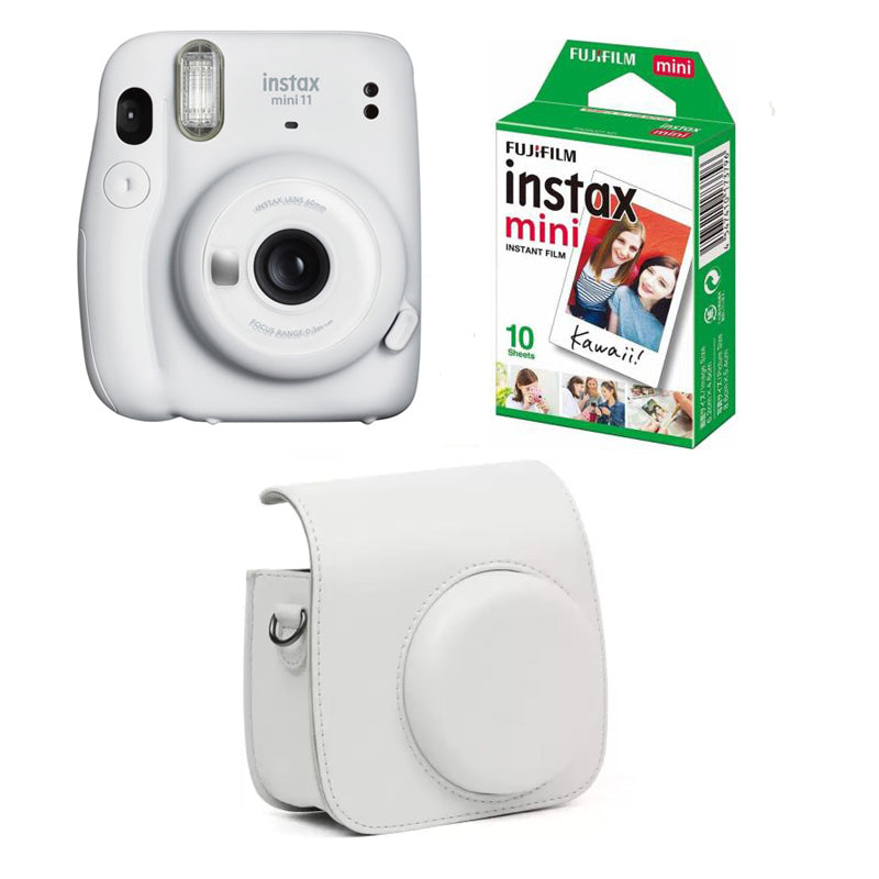 FUJIFILM INSTAX Mini 11 Instant Film Camera with 10X1 Pack of Instant Film With White Pouch (Ice White, 10 Exposures)