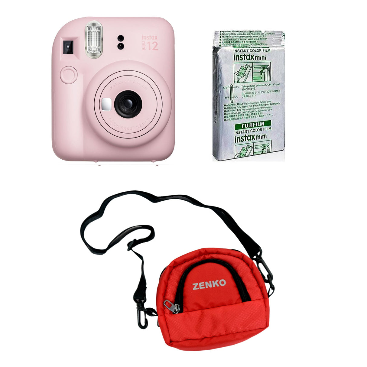 FUJIFILM INSTAX Mini 12 Instant Film Camera with 10X1 Pack of Instant Film With Red Pouch Kit (10 Exposures) Blossom Pink