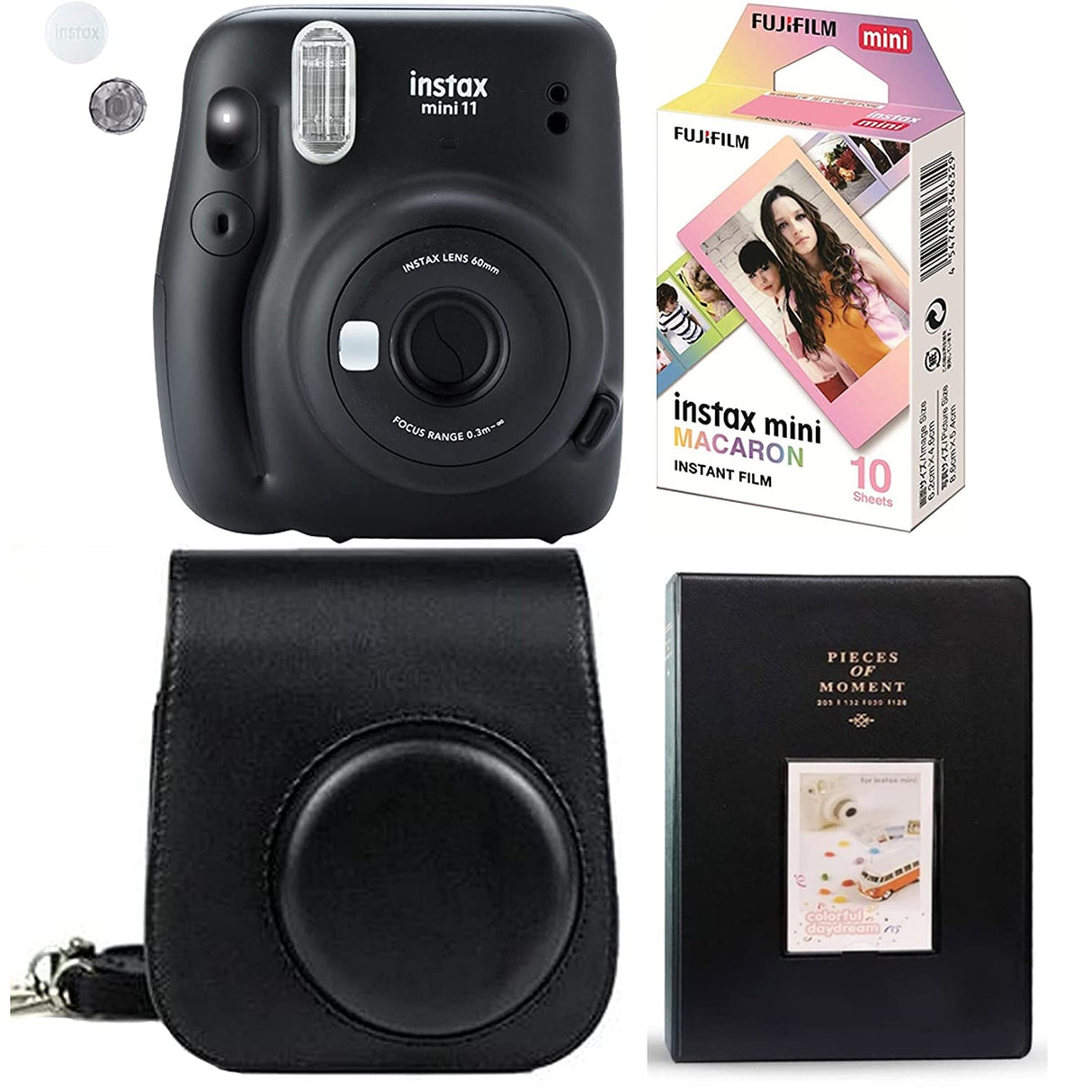Fujifilm Instant Mini 11 Charcoal Grey Instant Camera Plus Matching Case, Photo Album and Fujifilm Character 10 Films (Macaron)