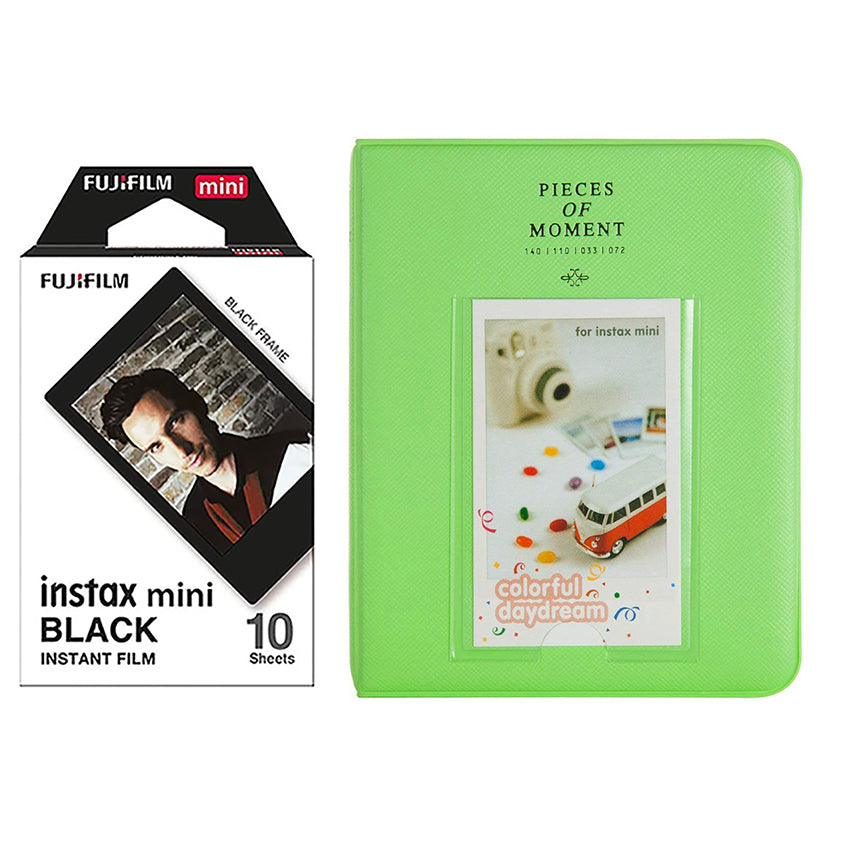 Fujifilm Instax Mini 10X1 black border Instant Film with Instax Time Photo Album 64 Sheets Lime green