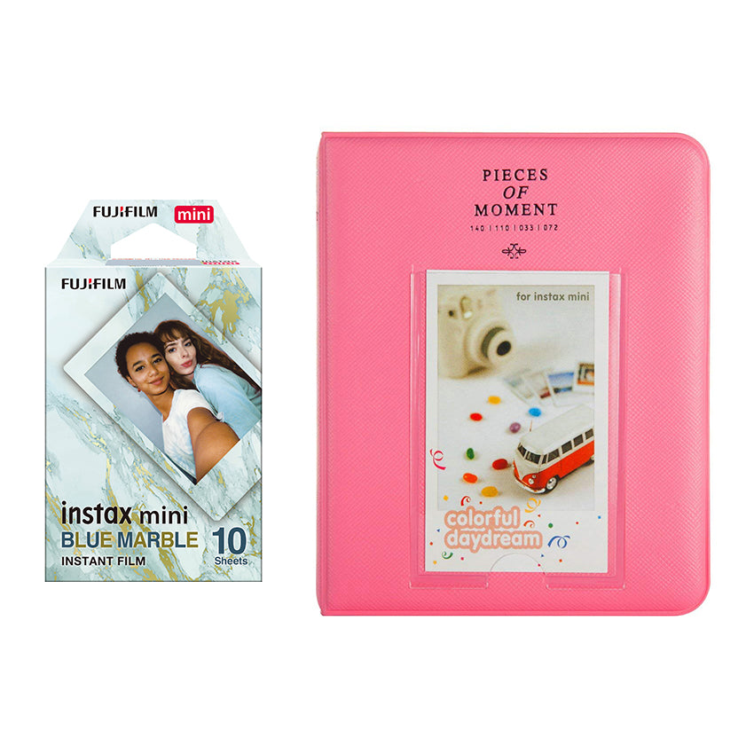 Fujifilm Instax Mini 10X1 blue marble Instant Film with Instax Time Photo Album 64 Sheets Flamingo pink