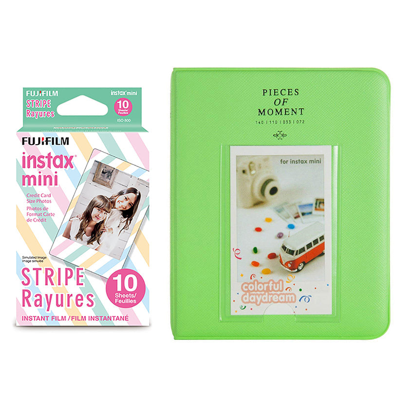 Fujifilm Instax Mini 10X1 stripe Instant Film with Instax Time Photo Album 64 Sheets Lime green