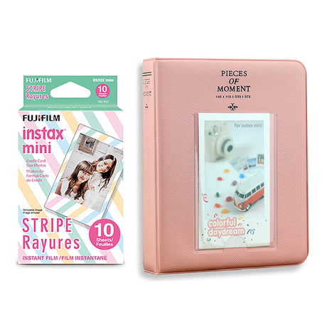 Fujifilm Instax Mini 10X1 stripe Instant Film with Instax Time Photo Album 64 Sheets Blush pink