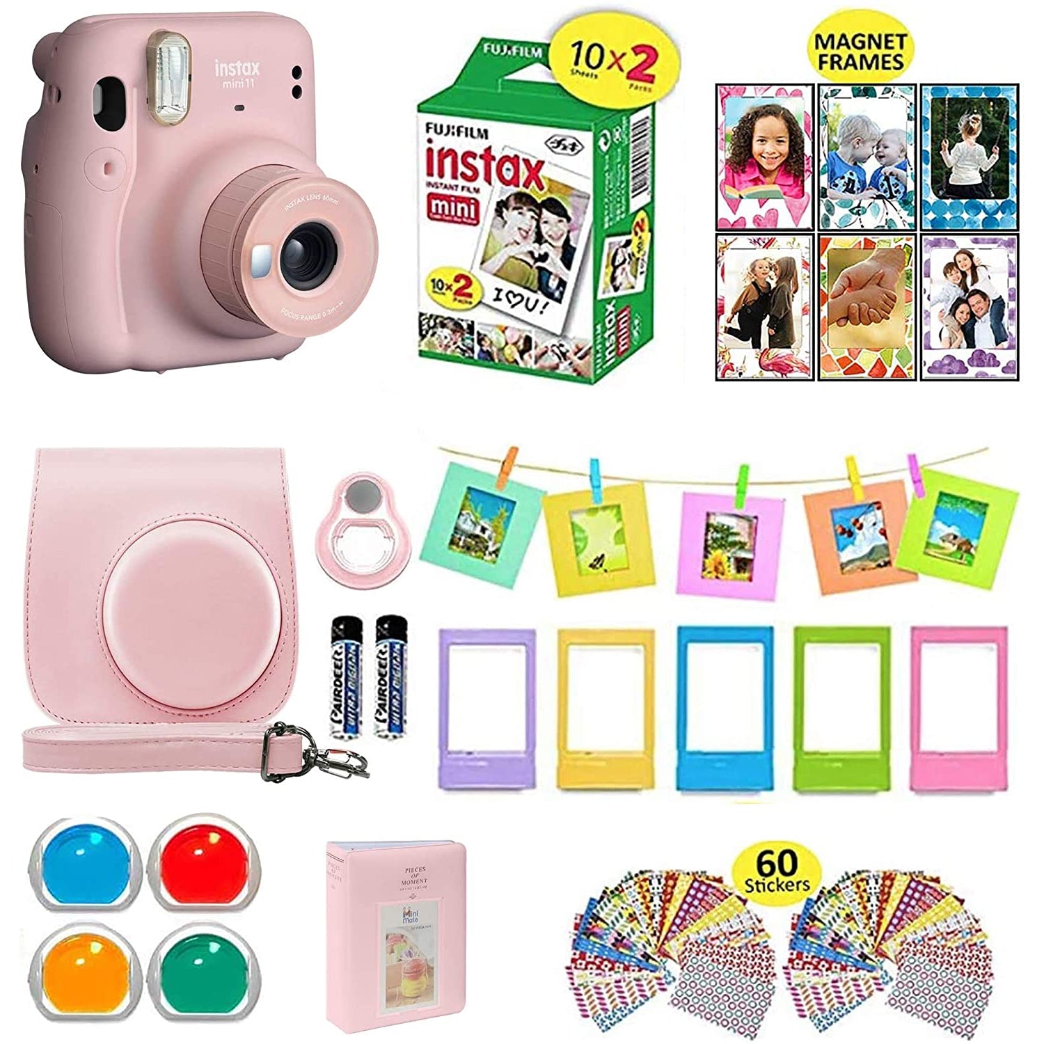 Fujifilm Instax Mini 11 Instant Camera Blush Pink + Shutter Compatible Carrying Case + Fuji Film Value Pack (20 Sheets) + Shutter Accessories Bundle, Color Filters, Photo Album, Assorted Frames