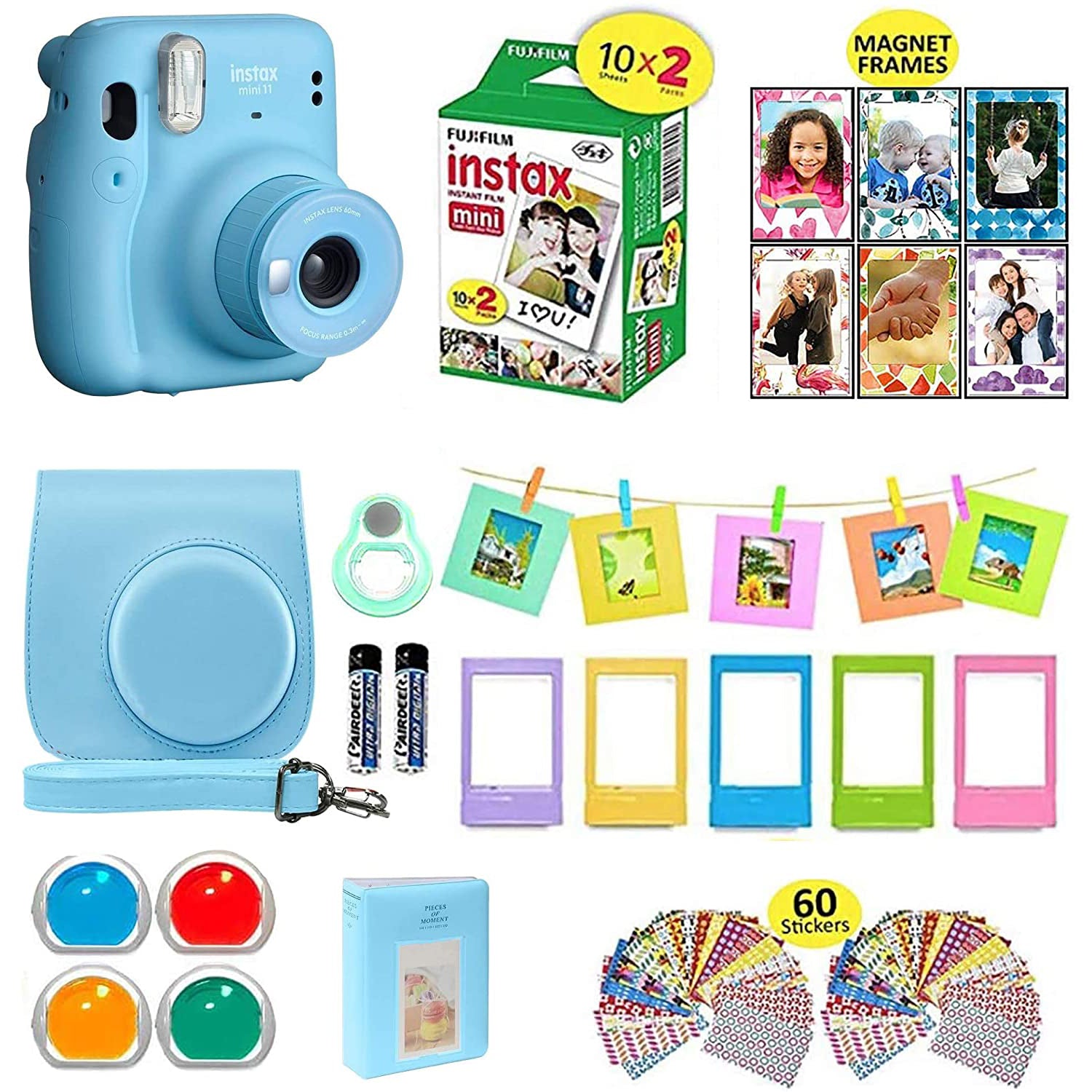 Fujifilm Instax Mini 11 Instant Camera Sky Blue + Shutter Compatible Carrying Case + Fuji Film Value Pack (20 Sheets) + Shutter Accessories Bundle, Color Filters, Photo Album, Assorted Frames