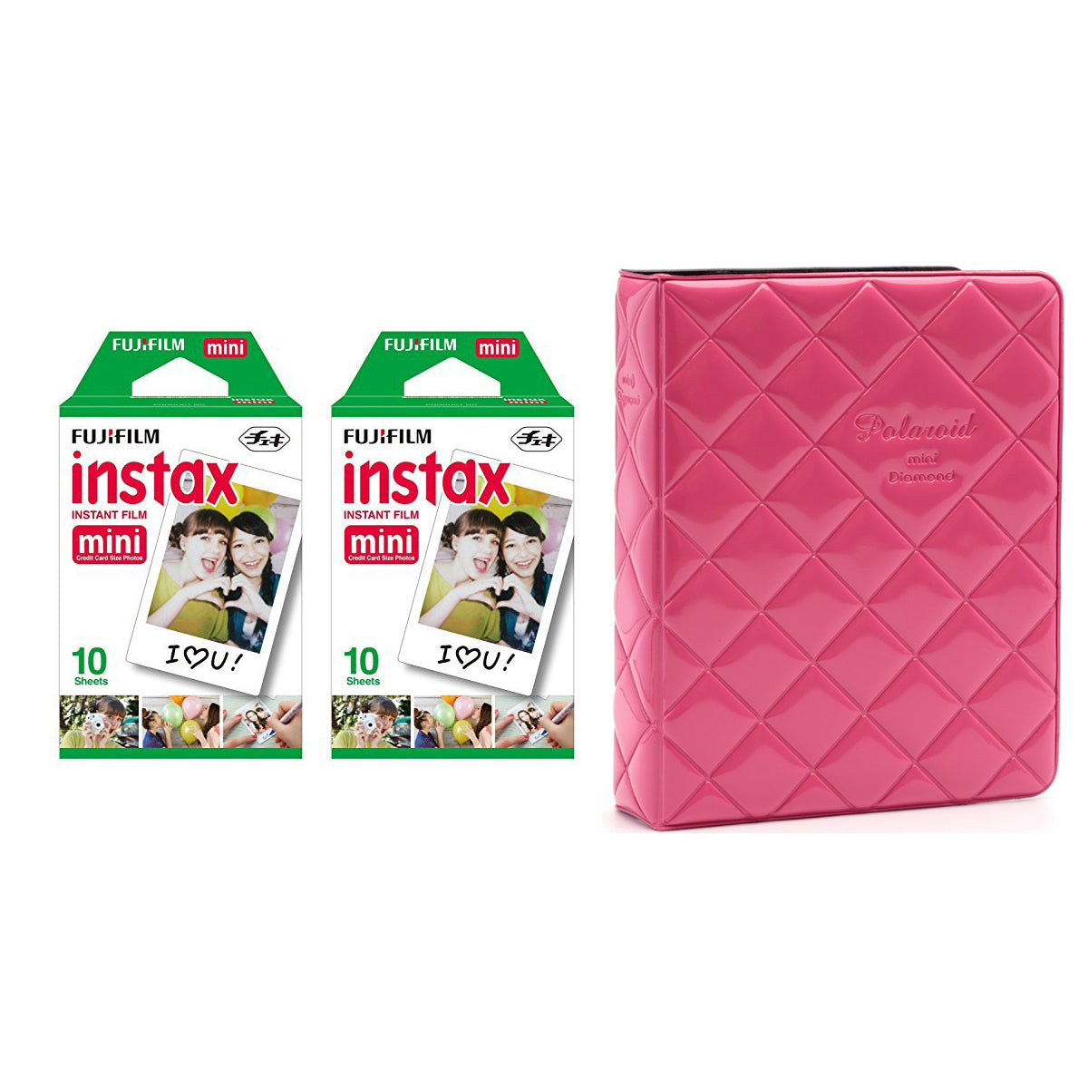 Fujifilm Instax Mini 2 Pack of 10 Sheets Instant Film with dimand Photo Album 64-Sheets (pink)