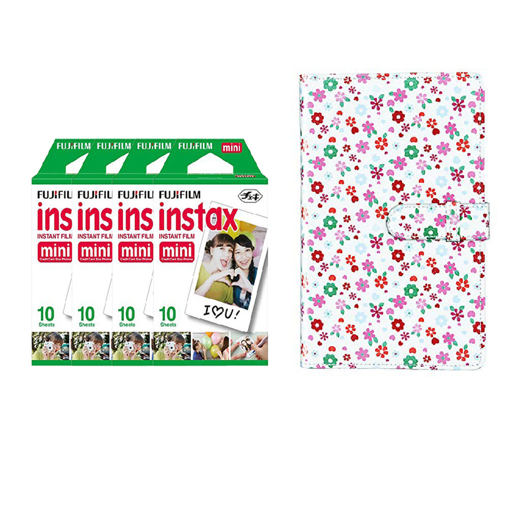 Fujifilm Instax Mini 4 Pack of 10 Sheets Instant Film with Instax Time Photo Album 64-Sheets (Flower)
