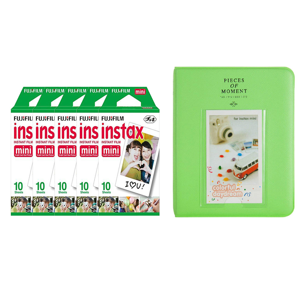 Fujifilm Instax Mini 5 Pack of 10 Sheets Instant Film with Instax Time Photo Album 64-Sheets Lime green