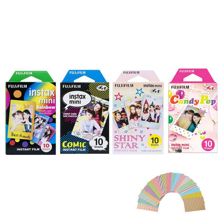 Fujifilm Instax Mini Film 10x4 Pack Bundle Rainbow, Comic, Shiny Star, Candy Pop with Photo Frame Stickers 20 pcs