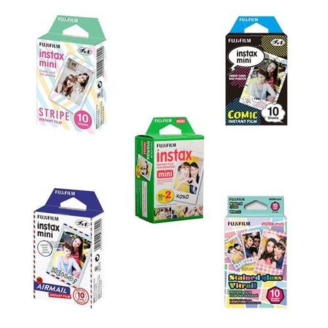 Fujifilm Instax Mini Film Bundle Consists of Daylight Film 20 Pack, Airmail 10 Pack, Comic 10 Pack, Stained Glass 10 Pack, Stripe 10 Pack ( 60 Shots)
