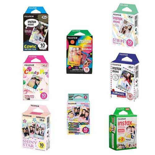Fujifilm Instax Mini Film Bundle 10x2 Pack, Rainbow 10x1, Shiny Star 10x1, Candy Pop 10x1, Airmail 10x1, Comic 10x1, Stained Glass 10x1, Stripe 10x1