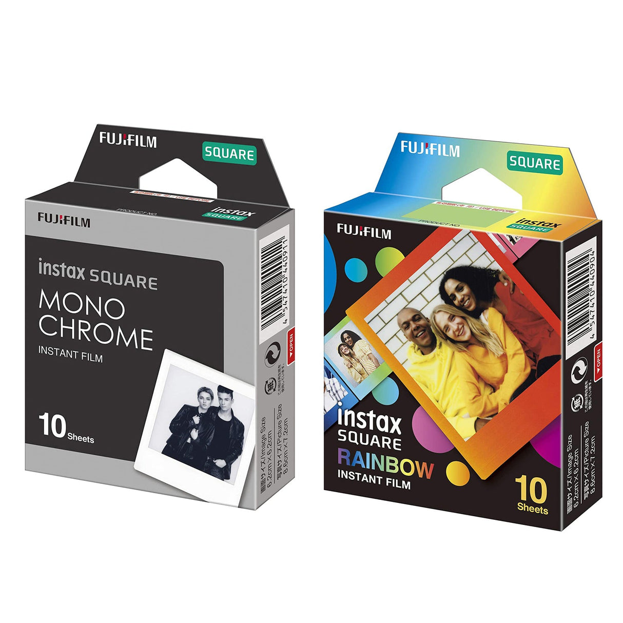 Fujifilm Instax Square Film 2 Pack Bundle (20 Sheets) with Monochrome & Rainbow Instant Film