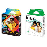 Fujifilm Instax Square Film 2 Pack Bundle (20 Sheets) with Rainbow & Normal White Border Instant Film